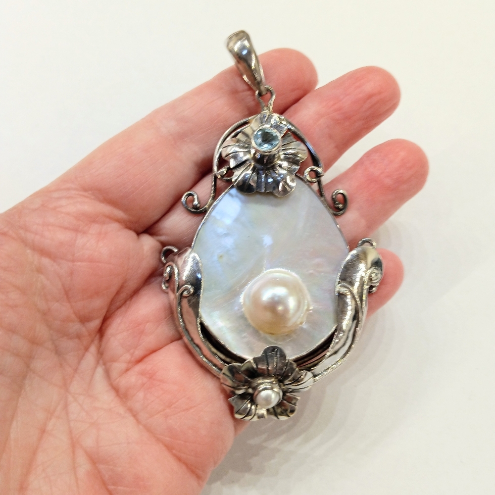 Sterling Silver 3 1/2" Blister Pearl Blue Topaz Pendant HUGE